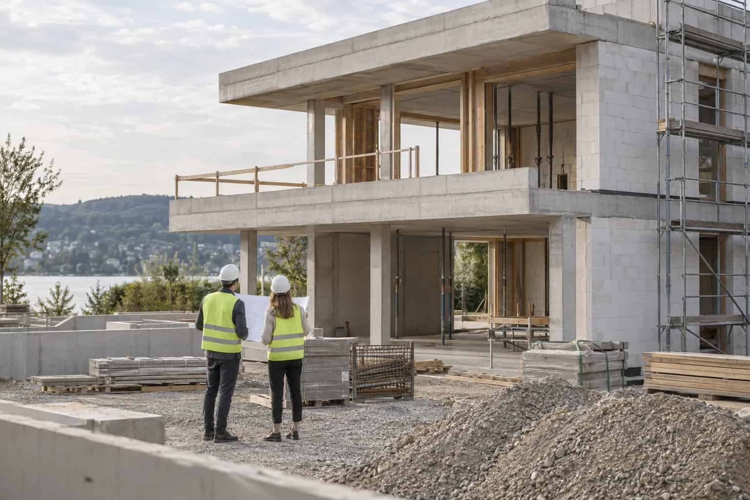 Illustratives Motiv zur Bauleitung mit zwei Fachleuten auf einer Rohbaustelle