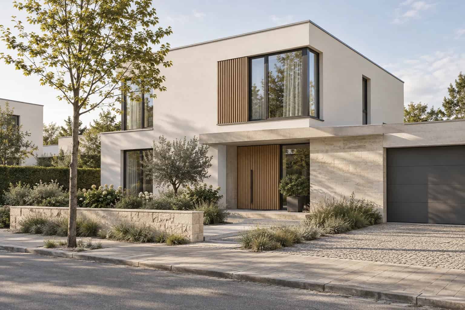 Architekturvisualisierung eines modernen Einfamilienhauses mit Garten
